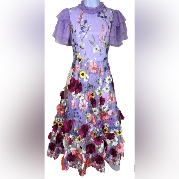 JessaKae Dresses & Skirts - Jessakae Jubilee Lilac Floral Midi Dress Womens Size XXS Ruffle Short Sleeve